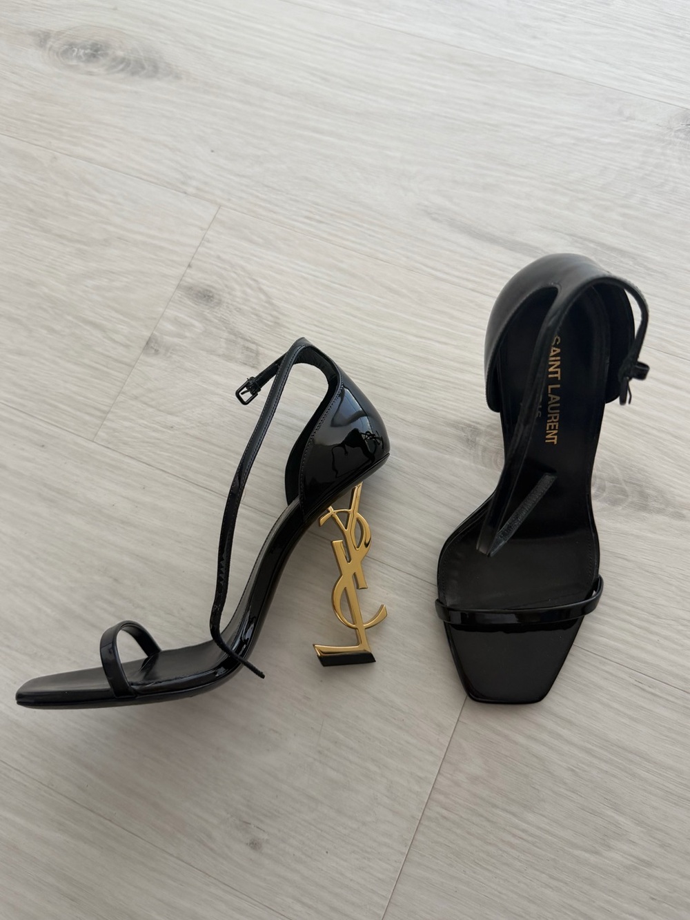 Saint Laurent Black Opyum Patent Open-Toe Ankle-Strap Heels